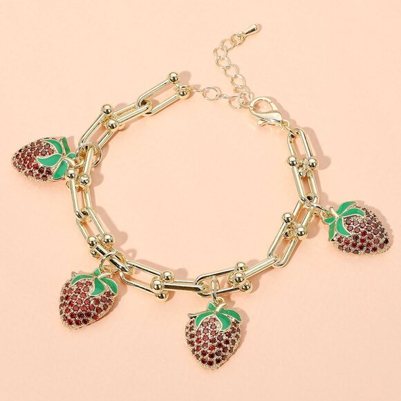 NEW Strawberry Charm Link Chain Bracelet 14K Gold Cubic Zirconia CZ Crystals - Picture 2 of 7